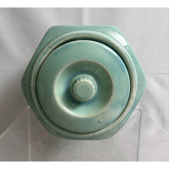 Shawnee USA Late 30s Hexagon Basket Weave Pottery Cookie Jar Aqua Mint Turquoise - Picture 6 of 8
